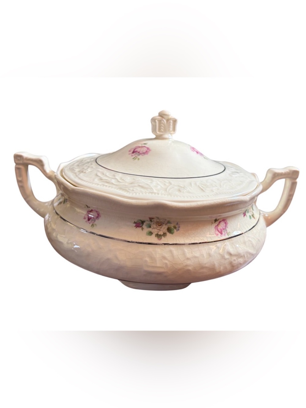 Porcelain Covered Tureen with Pink Floral Accents